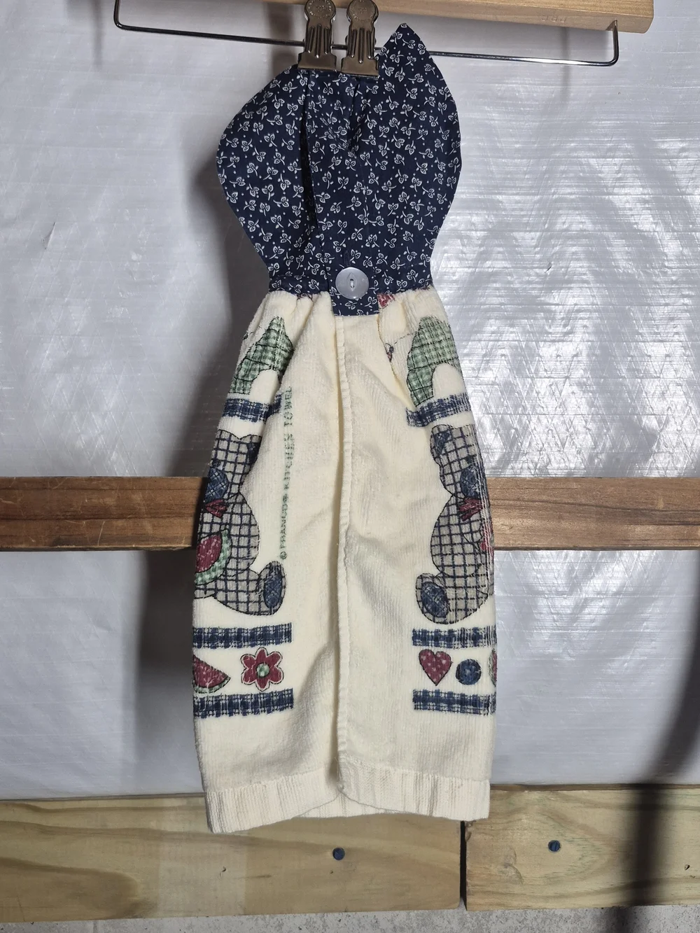 Navy & Cream Hanging Towel with Bear Print and button closure